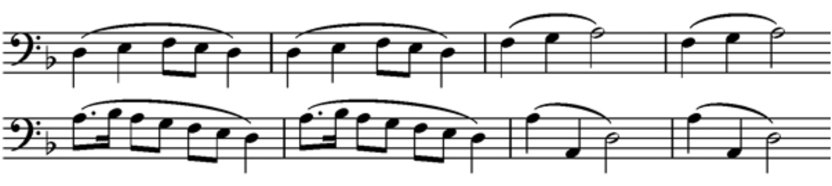 Den allerede satiriske Frère Jacques omskrevet for dobbel bass, i D moll.